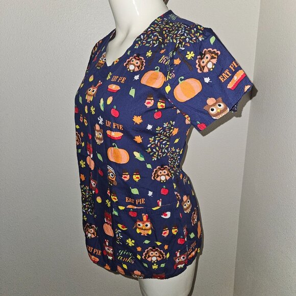 Zoe + Chloe Thanksgiving Scrubs Top Shirt XS Blue Orange Owl Turkey Pilgrim Pie - Picture 2 of 8